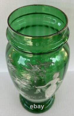 Antique Mary Gregory Vase 11.75 Green White Enamel Silhouette Victorian Woman