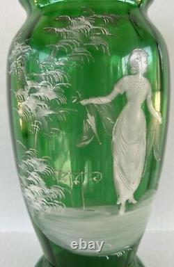 Antique Mary Gregory Vase 11.75 Green White Enamel Silhouette Victorian Woman Antique Mary Gregory Vase 11.75 Green White Enamel Silhouette Victorian Woman
