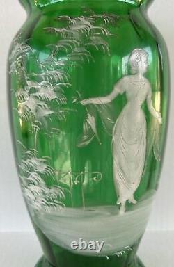 Antique Mary Gregory Vase 11.75 Green White Enamel Silhouette Victorian Woman