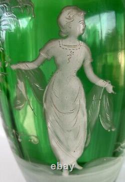 Antique Mary Gregory Vase 11.75 Green White Enamel Silhouette Victorian Woman