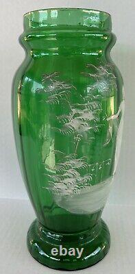 Antique Mary Gregory Vase 11.75 Green White Enamel Silhouette Victorian Woman