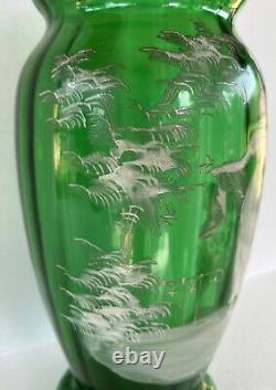 Antique Mary Gregory Vase 11.75 Green White Enamel Silhouette Victorian Woman