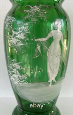 Antique Mary Gregory Vase 11.75 Green White Enamel Silhouette Victorian Woman