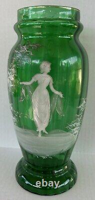 Antique Mary Gregory Vase 11.75 Green White Enamel Silhouette Victorian Woman