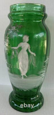 Antique Mary Gregory Vase 11.75 Green White Enamel Silhouette Victorian Woman Antique Mary Gregory Vase 11.75 Green White Enamel Silhouette Victorian Woman