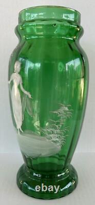 Antique Mary Gregory Vase 11.75 Green White Enamel Silhouette Victorian Woman Antique Mary Gregory Vase 11.75 Green White Enamel Silhouette Victorian Woman