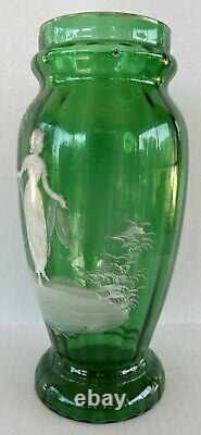 Antique Mary Gregory Vase 11.75 Green White Enamel Silhouette Victorian Woman