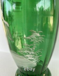 Antique Mary Gregory Vase 11.75 Green White Enamel Silhouette Victorian Woman