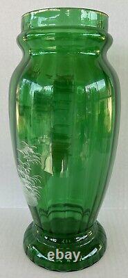 Antique Mary Gregory Vase 11.75 Green White Enamel Silhouette Victorian Woman