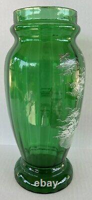 Antique Mary Gregory Vase 11.75 Green White Enamel Silhouette Victorian Woman