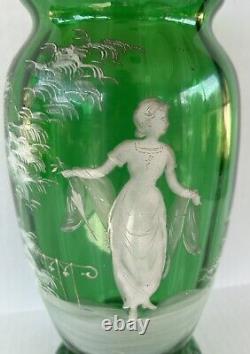 Antique Mary Gregory Vase 11.75 Green White Enamel Silhouette Victorian Woman