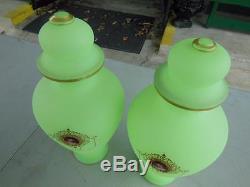 Antique Matching Set Green Opaline Glass Vase Urns Cameo French Victorian
