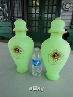Antique Matching Set Green Opaline Glass Vase Urns Cameo French Victorian