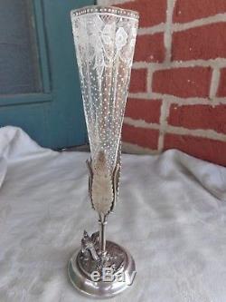 Antique Meriden Victorian Bird Silver Plate White Enamel Lace Art Glass Vase