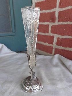 Antique Meriden Victorian Bird Silver Plate White Enamel Lace Art Glass Vase