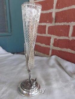 Antique Meriden Victorian Bird Silver Plate White Enamel Lace Art Glass Vase