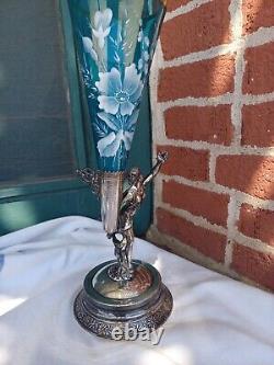 Antique Meriden Victorian Blue Florentine Art Glass Silverplate Trumpet Vase