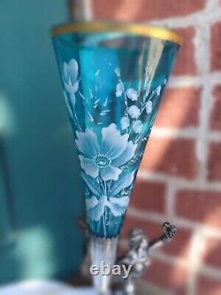 Antique Meriden Victorian Blue Florentine Art Glass Silverplate Trumpet Vase