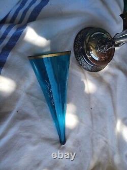 Antique Meriden Victorian Blue Florentine Art Glass Silverplate Trumpet Vase