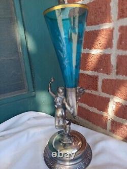 Antique Meriden Victorian Blue Florentine Art Glass Silverplate Trumpet Vase