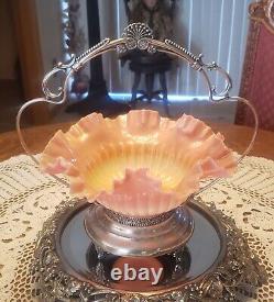 Antique (Miami Silver Co.) Victorian Bride Basket & Satin Art Glass Bowl. Nice