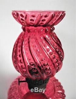 Antique Miniature CRANBERRY BEADED SWIRL NIght OIL LAMP Victorian Art Glass