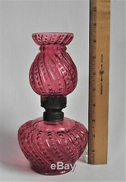 Antique Miniature CRANBERRY BEADED SWIRL NIght OIL LAMP Victorian Art Glass
