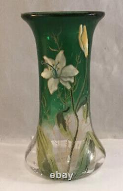 Antique Mont Joye Victorian Art Glass Vase Enamel Flower Decoration