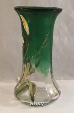 Antique Mont Joye Victorian Art Glass Vase Enamel Flower Decoration