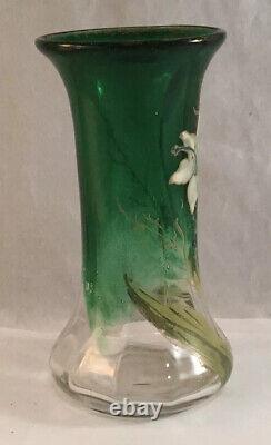 Antique Mont Joye Victorian Art Glass Vase Enamel Flower Decoration