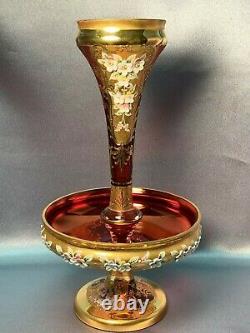 Antique Moser Art Nouveau Glass Enameled Victorian Cranberry Epergne Vase