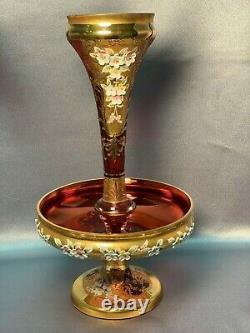 Antique Moser Art Nouveau Glass Enameled Victorian Cranberry Epergne Vase