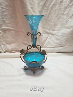 Antique Moser Blue Art Glass Enameled Victorian Epergne Vase