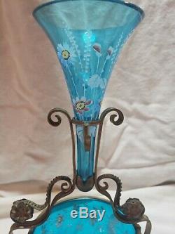 Antique Moser Blue Art Glass Enameled Victorian Epergne Vase