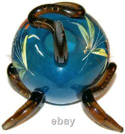 Antique Moser Bohemian Blue Art Glass with Enamel & Applied Serpent Feet