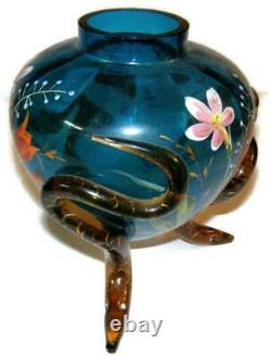 Antique Moser Bohemian Blue Art Glass with Enamel & Applied Serpent Feet