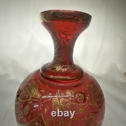 Antique Moser Bohemian Gilded & Gold Blown Ruby Red Glass Cranberry Vase