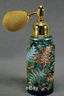 Antique Moser Bohemian Hand Enameled Juniper Berry Blue Glass Perfume Atomizer