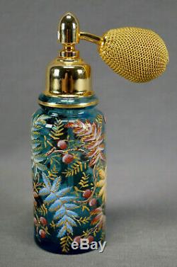 Antique Moser Bohemian Hand Enameled Juniper Berry Blue Glass Perfume Atomizer
