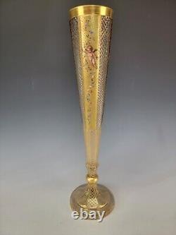 Antique Moser Bohemian Hand Painted Enameled Cherubs and Gilt Art Glass Vase 18
