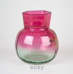 Antique Moser Bohemian Rubina Verde Hand Painted Enamel Art Glass Vase