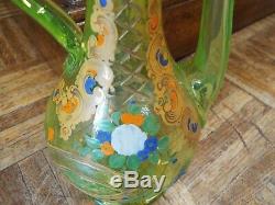Antique Moser Bohemian Vaseline Art Glass With Enamel & Gold Bottle Or Decanter