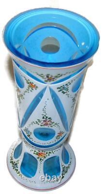 Antique Moser Bohemian White Cut to Blue Art Glass with Enamel Vase