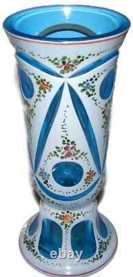 Antique Moser Bohemian White Cut to Blue Art Glass with Enamel Vase