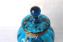 Antique Moser Bohemian prussian blue Art Glass enameled trinket box 19th century