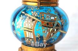 Antique Moser Bohemian prussian blue Art Glass enameled trinket box 19th century