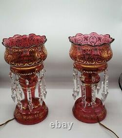 Antique Moser Cranberry Bohemian Lamps with Prisms