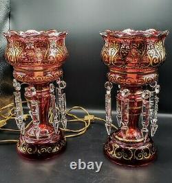 Antique Moser Cranberry Bohemian Lamps with Prisms