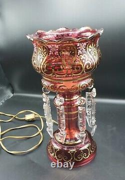 Antique Moser Cranberry Bohemian Lamps with Prisms