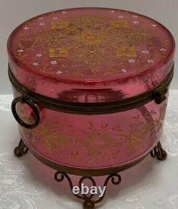 Antique Moser Cranberry Glass Footed BOX Gold Enamel Decoration Czech Bohemia 5